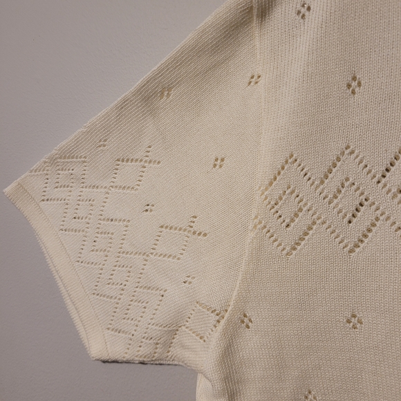 Vintage crochet knit short sleeve pullover sweater, cream, L and XL - Picture 4 of 5